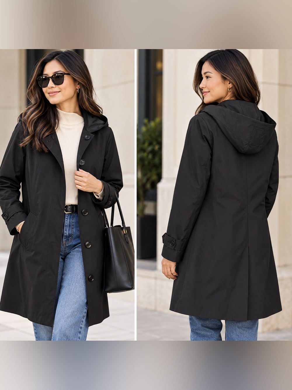 Calvin Klein Black Hooded Trench Rain Coat Button Front Women’s Size S